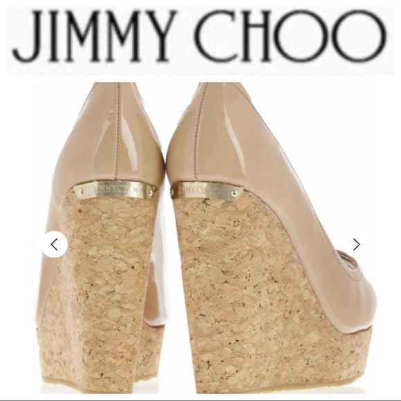 JIMMY CHOO NUDE PATENT LEATHER CORK WEDGE SIZE 10 - Picture 2 of 15